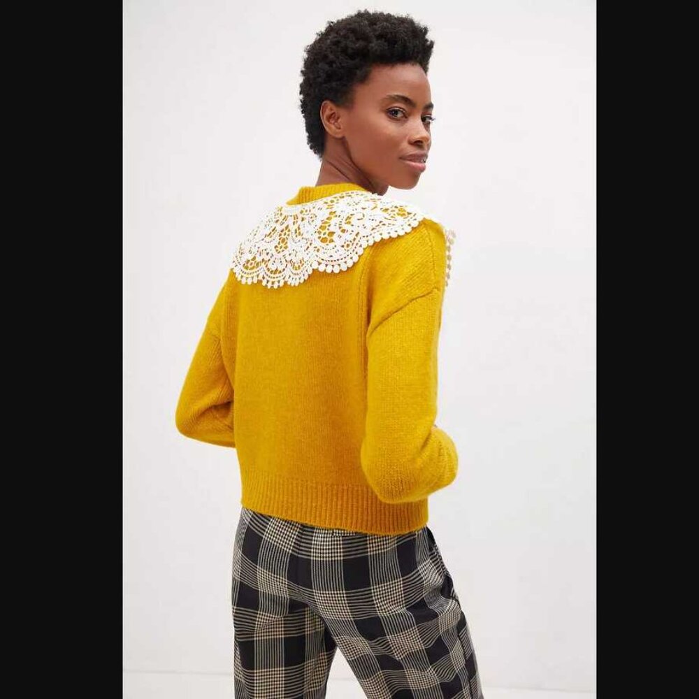 XL Maeve x Anthropologie chunky yellow lace cardigan sweater - Picture 3 of 12